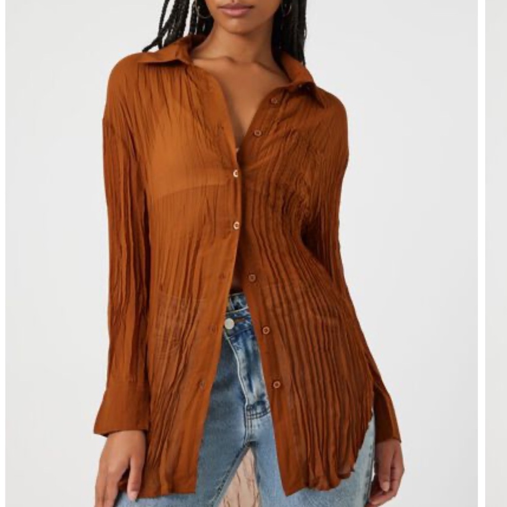 Sheer Crinkled Oversized High-Low Shirt